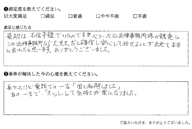 この法律事務所なら大丈夫だと確信し安心して任せることが出来た