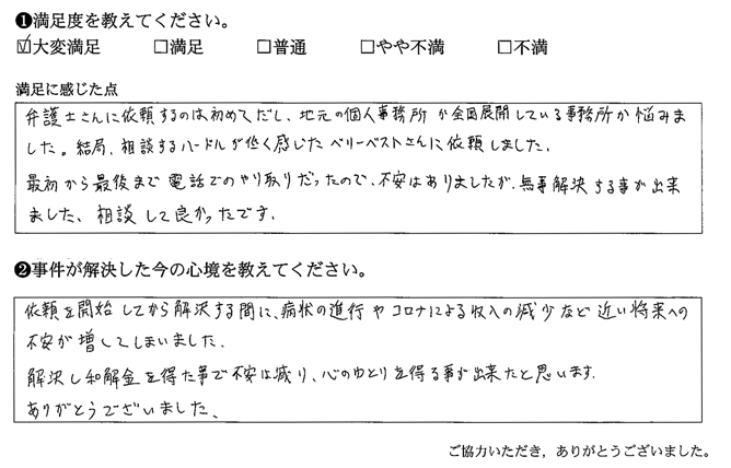 解決し和解金を得た事で不安は減り、心のゆとりを得る事が出来たと思います