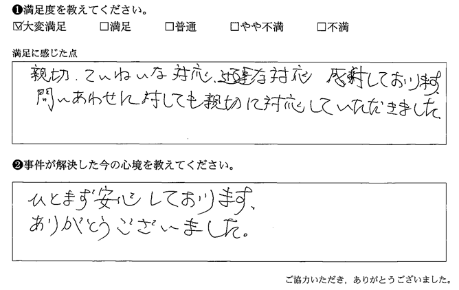 親切、ていねいな対応、迅速な対応感謝しております