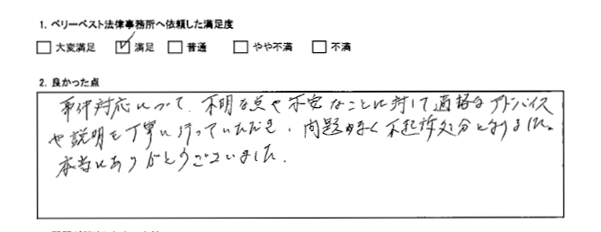 適格なアドバイスや説明を丁寧に行っていただき、不起訴処分となりました